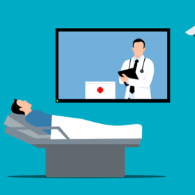Cartoon of a patient exam via telehealth with a doctor