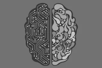 A brain divided into two hemispheres - one artsy and the other science-y